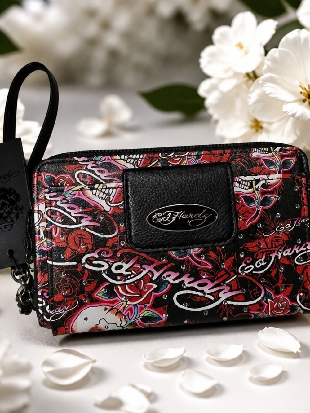 Ed Hardy Black & Red Signature Print Wristlet Nwt